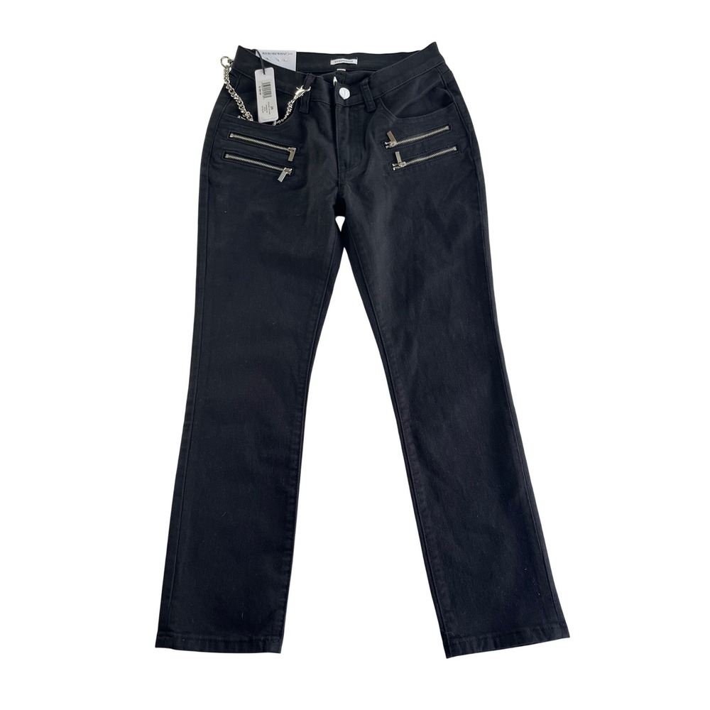 WeWoreWhat Rocker Low Rise Jeans Black Denim Zipper Chain Detail Size 26 NEW